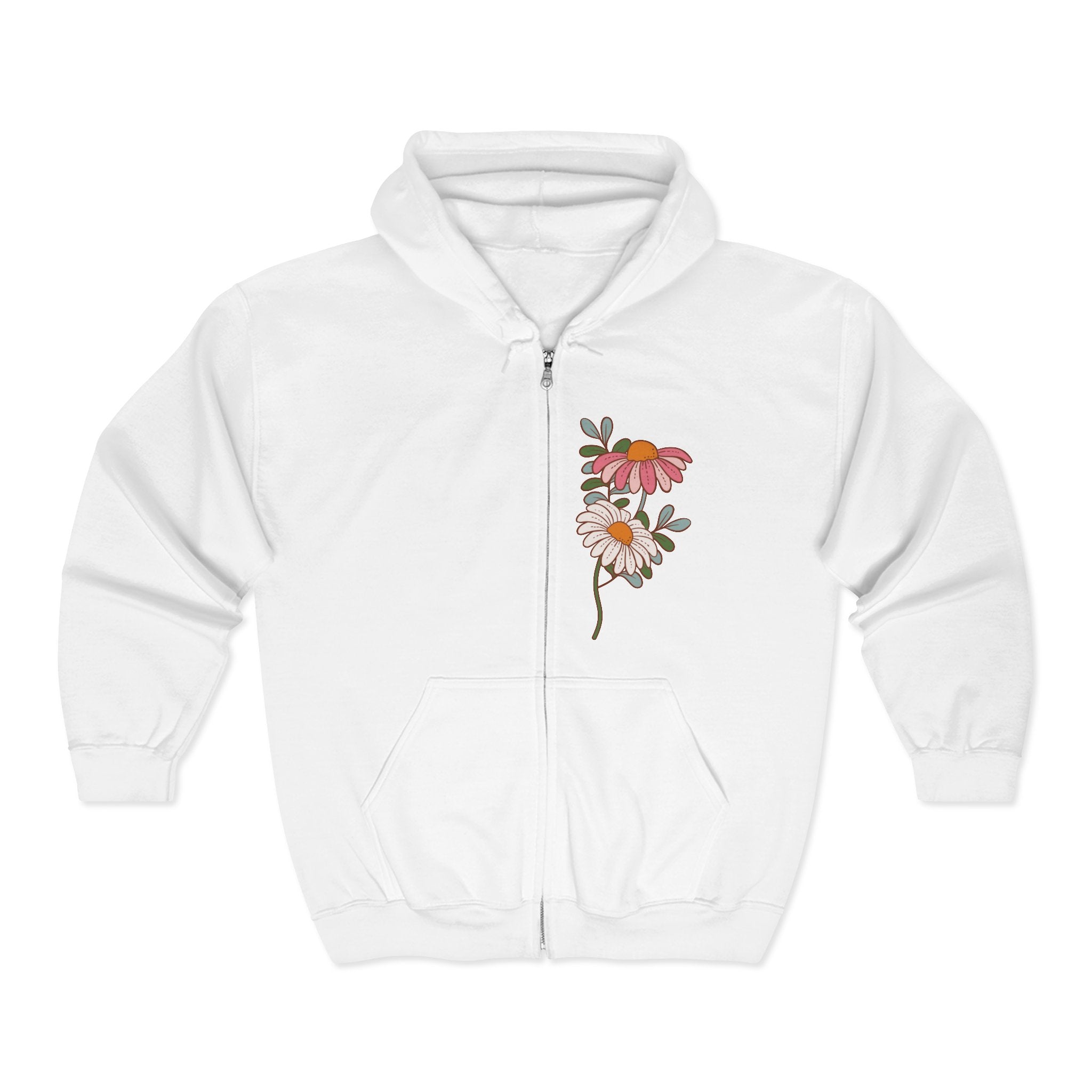 Retro Daisy Floral Print Zip Hoodie | Vintage Flower Pocket & Back Design