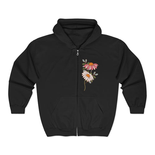 Retro Daisy Floral Print Zip Hoodie | Vintage Flower Pocket & Back Design