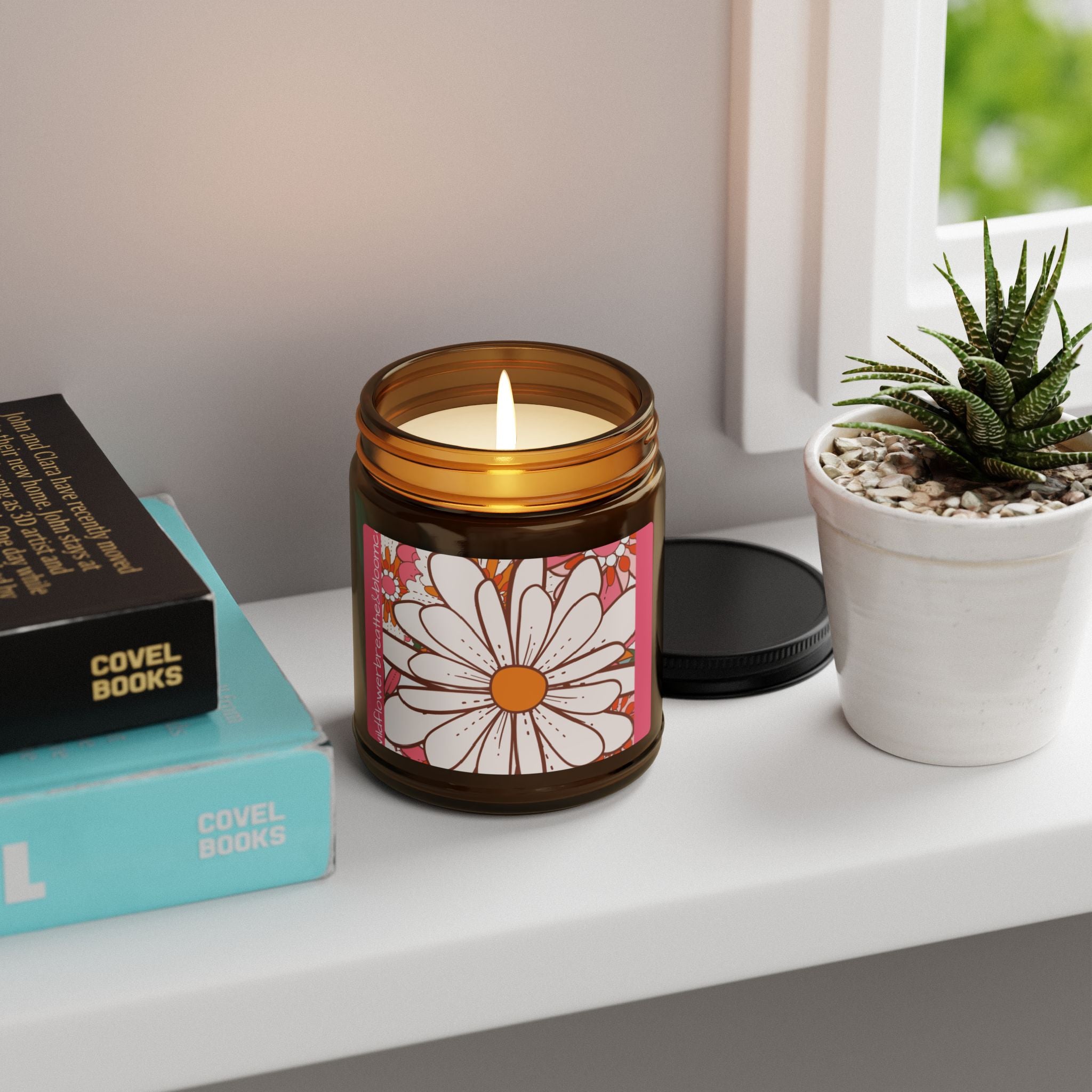 Daisy Floral Illustration Candle | Amber Jar Soy Candle