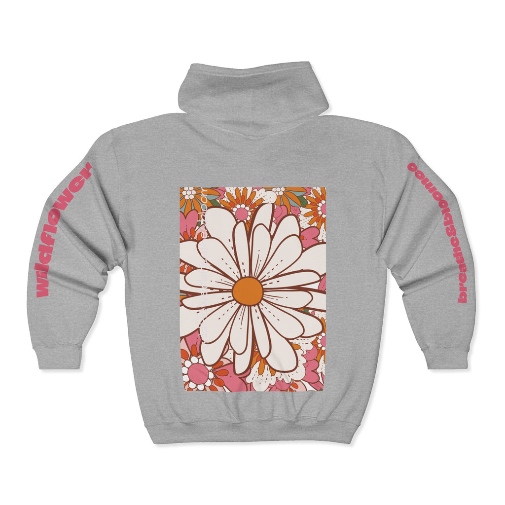Retro Daisy Floral Print Zip Hoodie | Vintage Flower Pocket & Back Design