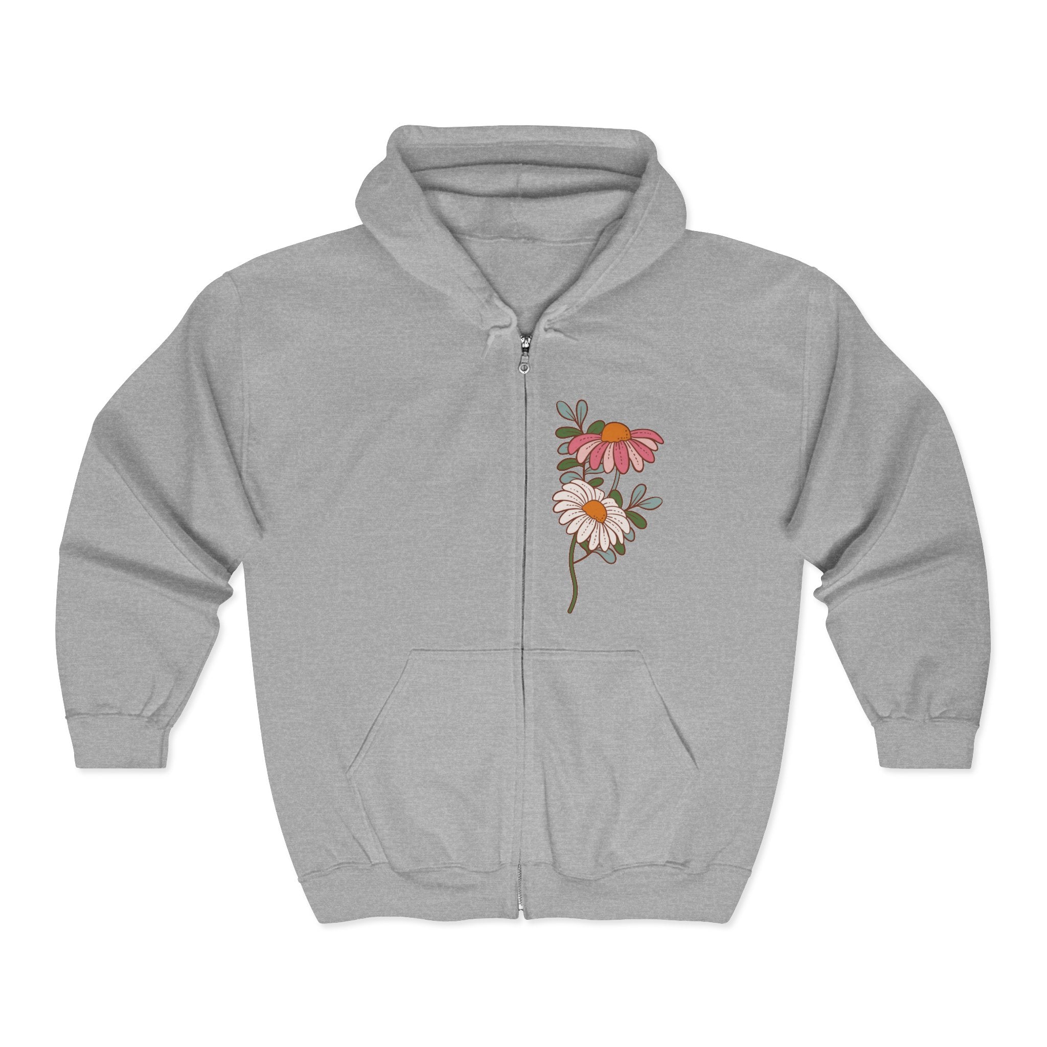 Retro Daisy Floral Print Zip Hoodie | Vintage Flower Pocket & Back Design