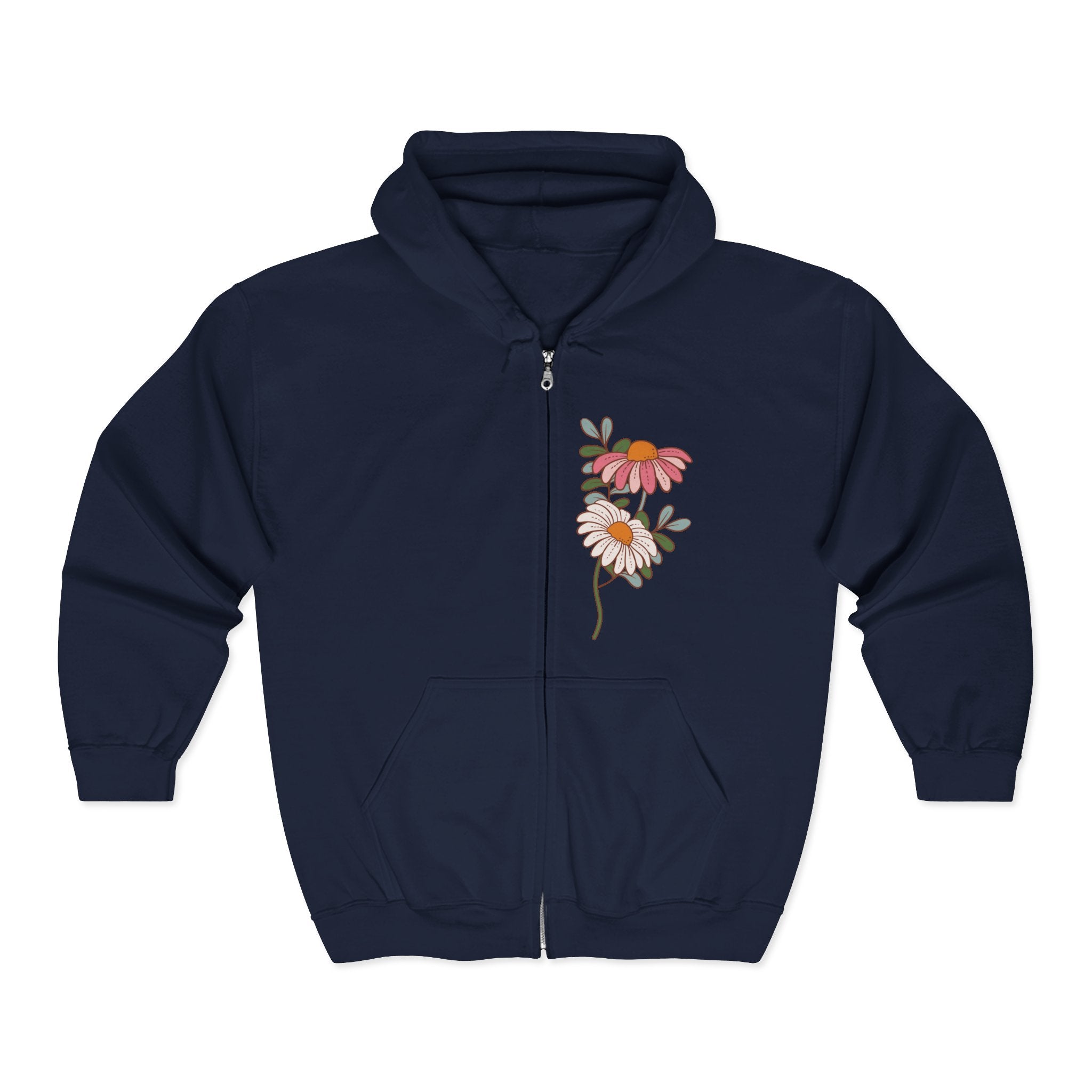 Retro Daisy Floral Print Zip Hoodie | Vintage Flower Pocket & Back Design