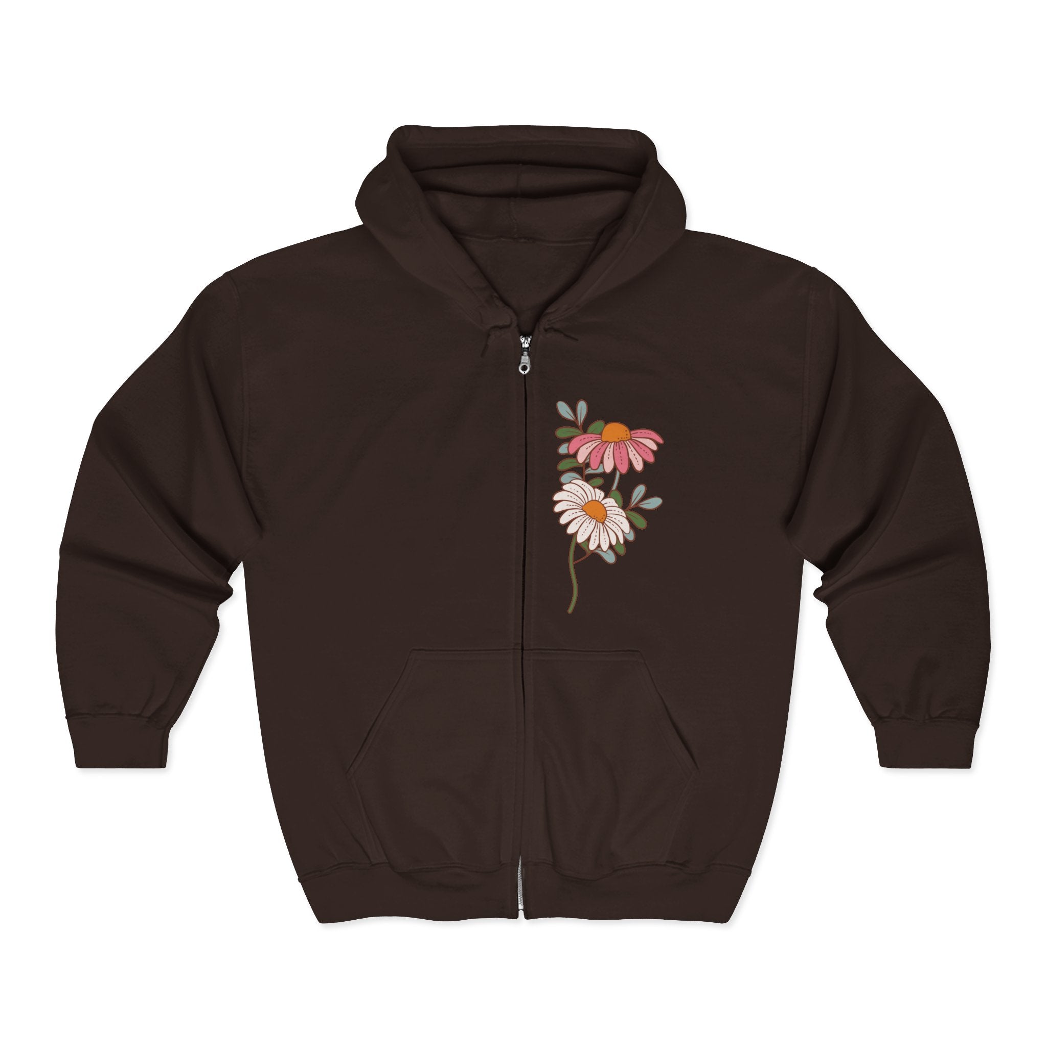 Retro Daisy Floral Print Zip Hoodie | Vintage Flower Pocket & Back Design