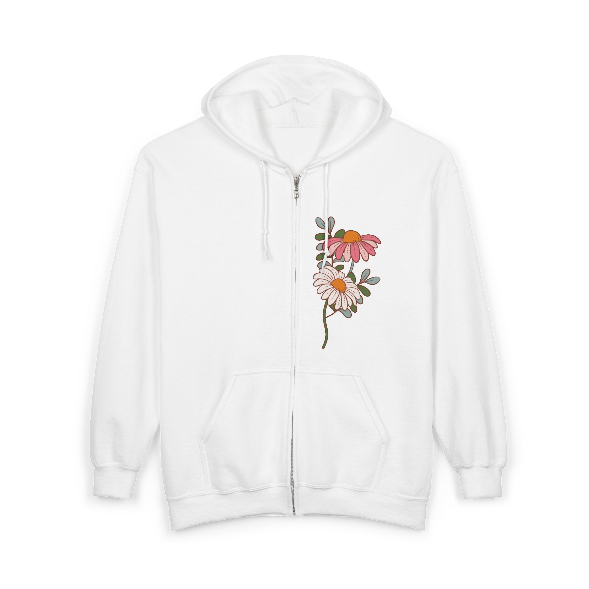 Retro Daisy Floral Print Zip Hoodie | Vintage Flower Pocket & Back Design