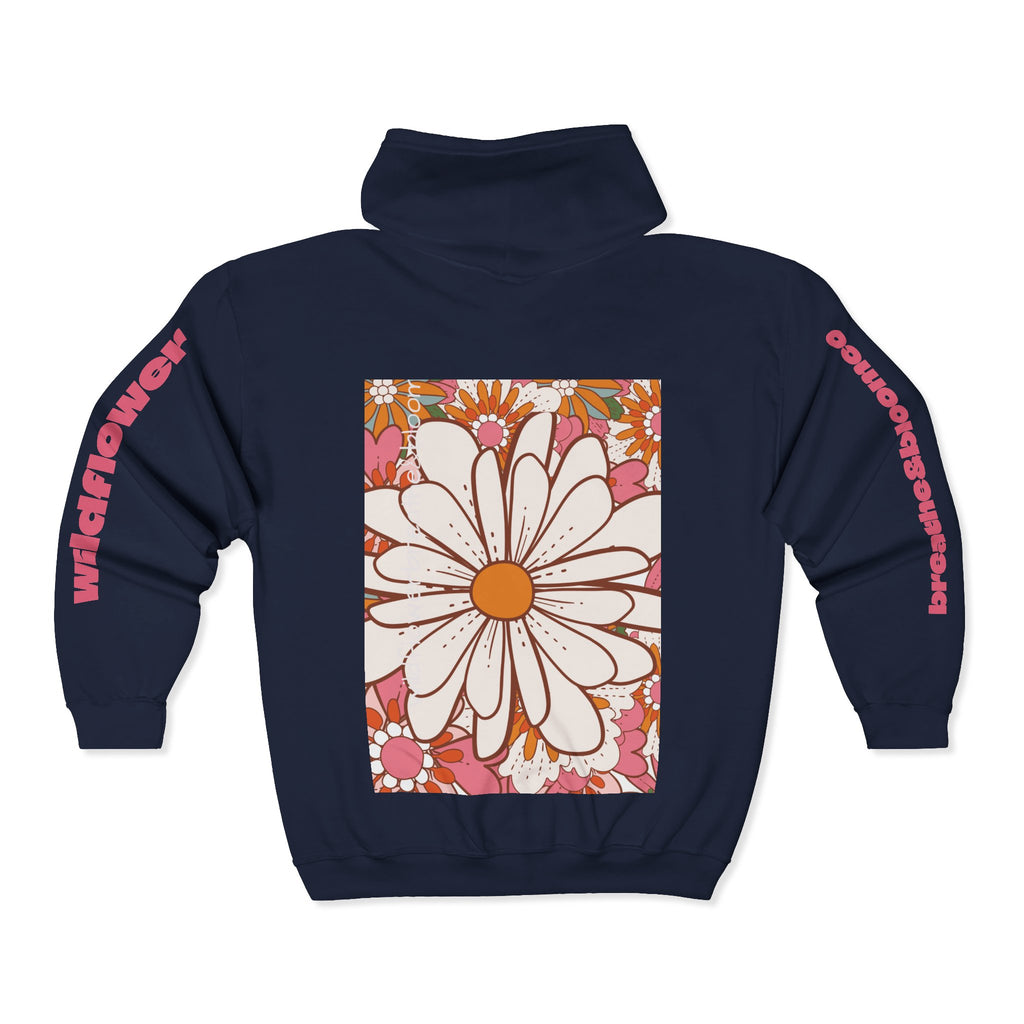 Retro Daisy Floral Print Zip Hoodie | Vintage Flower Pocket & Back Design