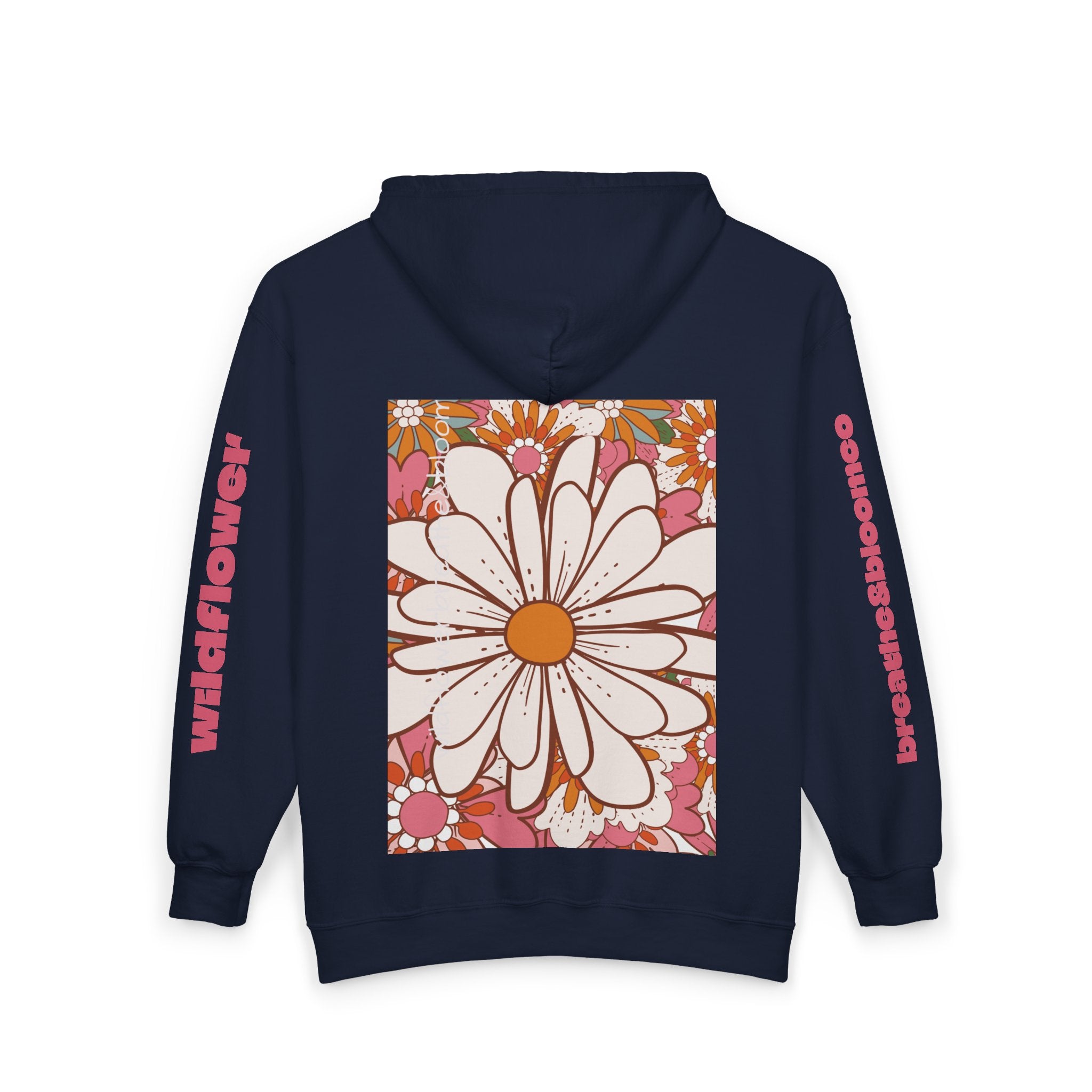 Retro Daisy Floral Print Zip Hoodie | Vintage Flower Pocket & Back Design