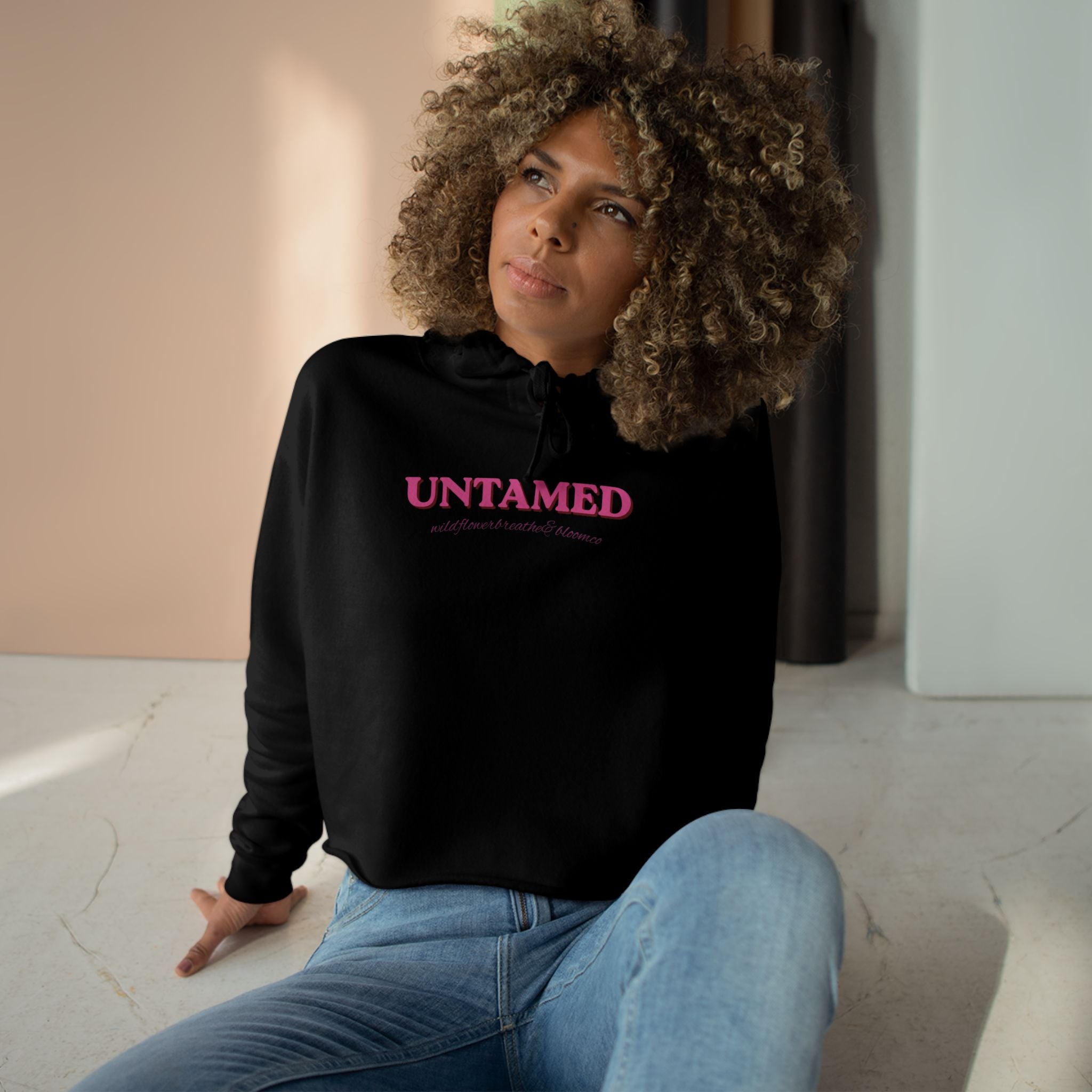 Untamed Floral Graphic Crop Hoodie | Retro Flower Squares, Pink Orange