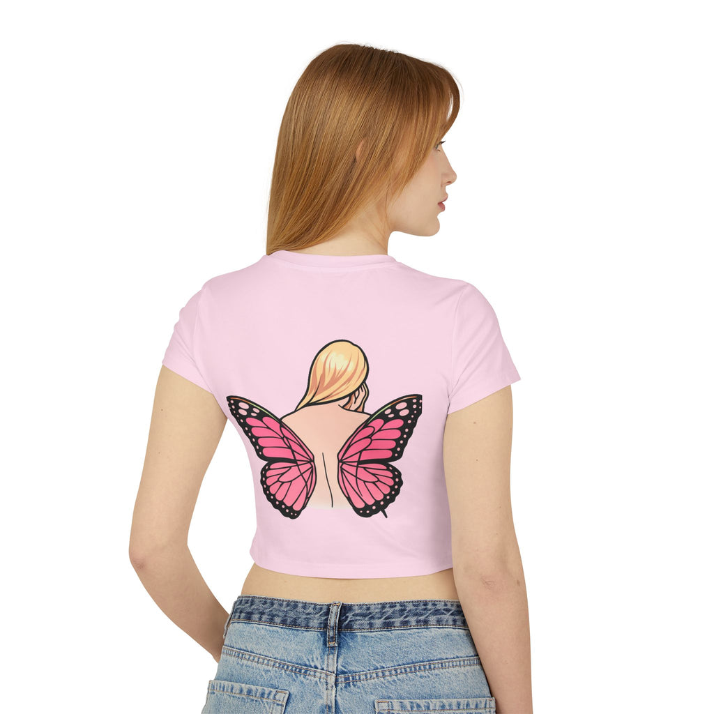 Butterfly Girl Women's Baby Tee — Pink Butterfly Wings Graphic Crop Top