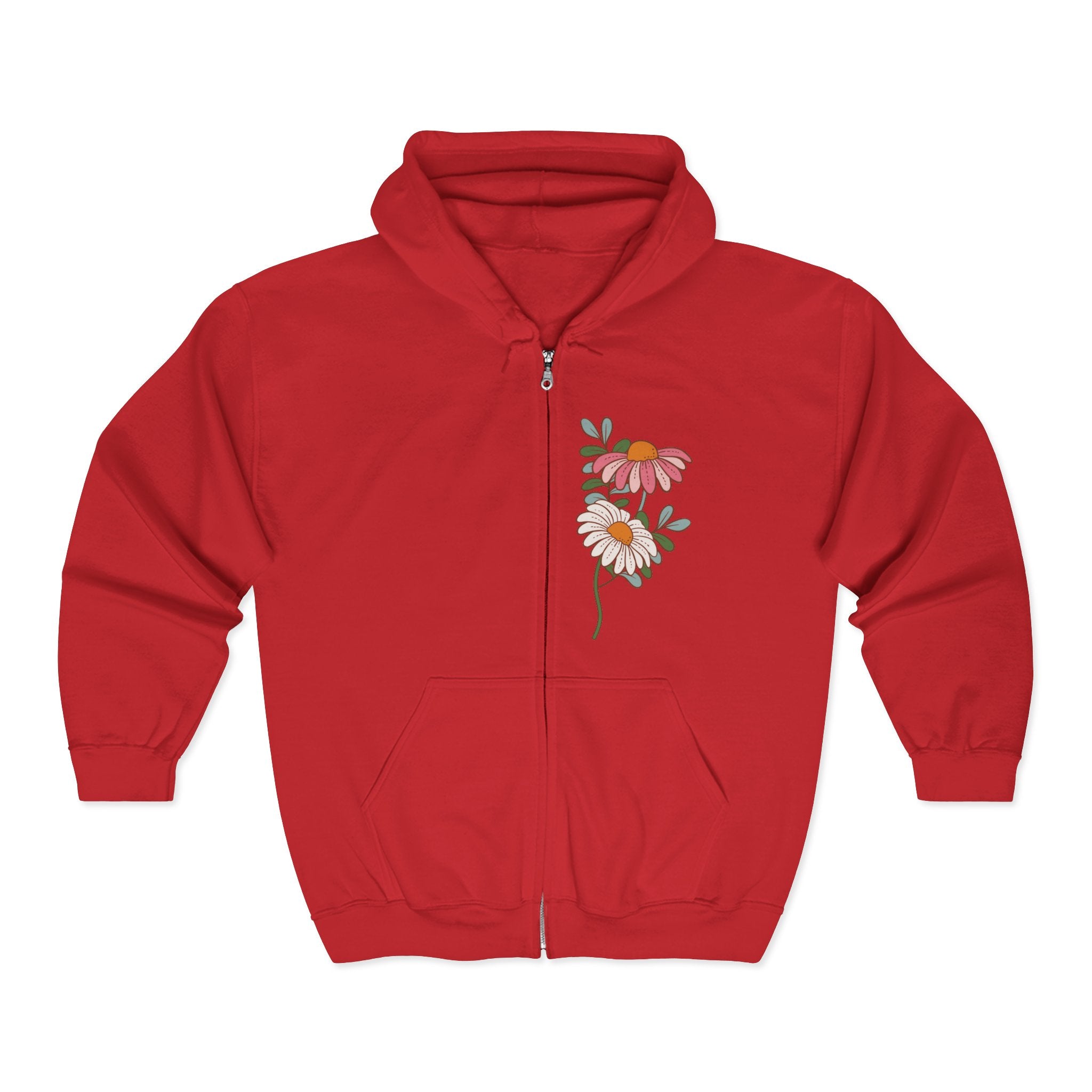 Retro Daisy Floral Print Zip Hoodie | Vintage Flower Pocket & Back Design
