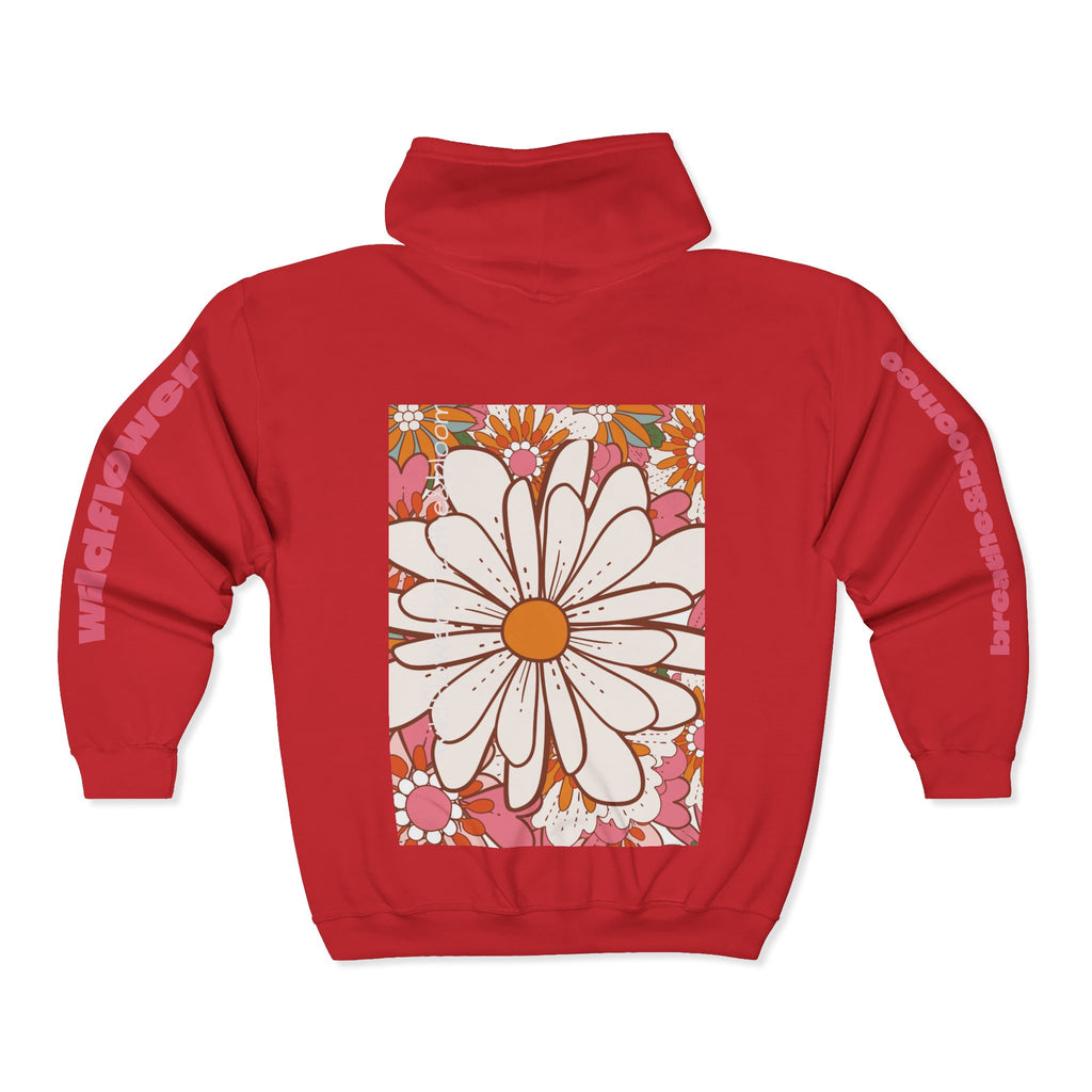 Retro Daisy Floral Print Zip Hoodie | Vintage Flower Pocket & Back Design