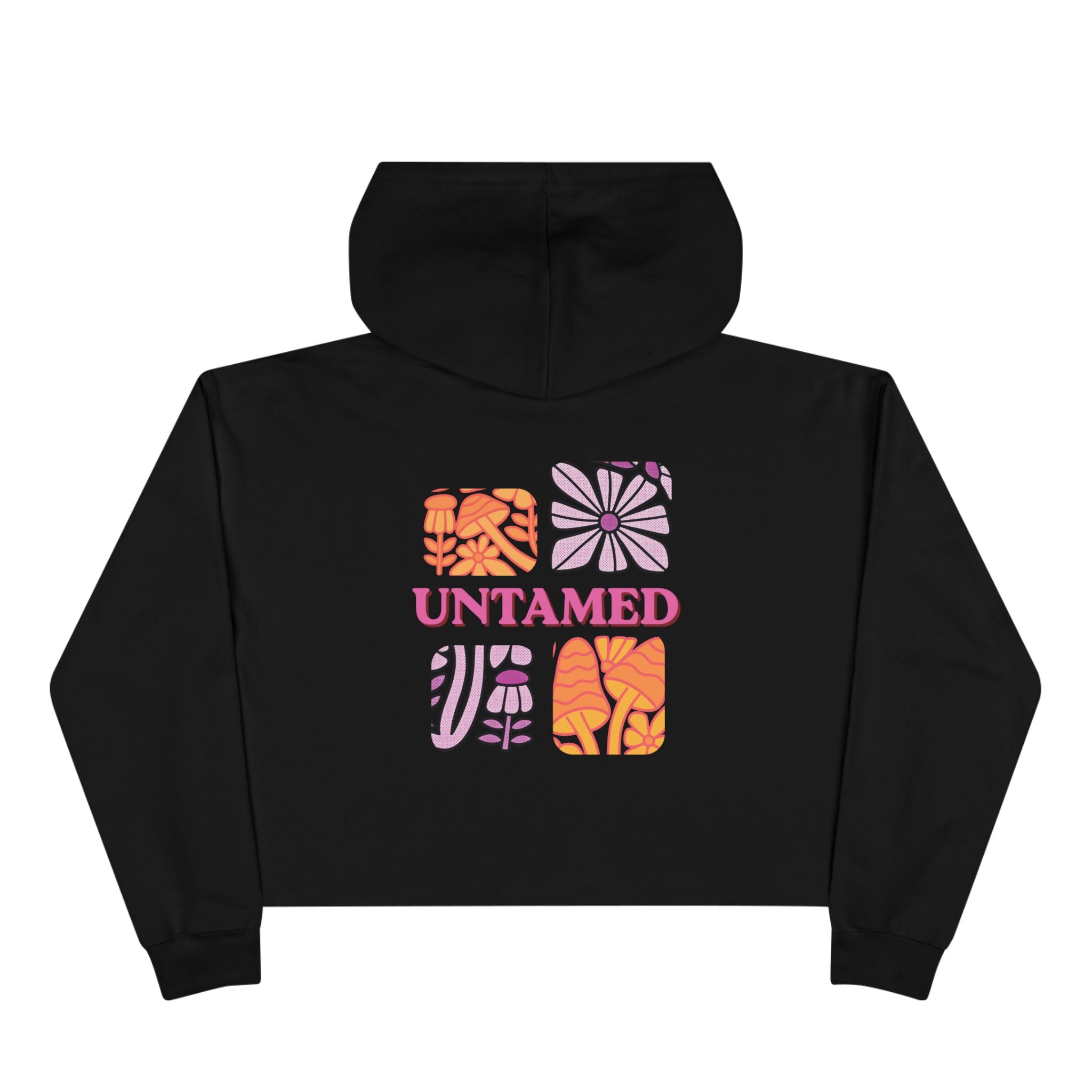 Untamed Floral Graphic Crop Hoodie | Retro Flower Squares, Pink Orange