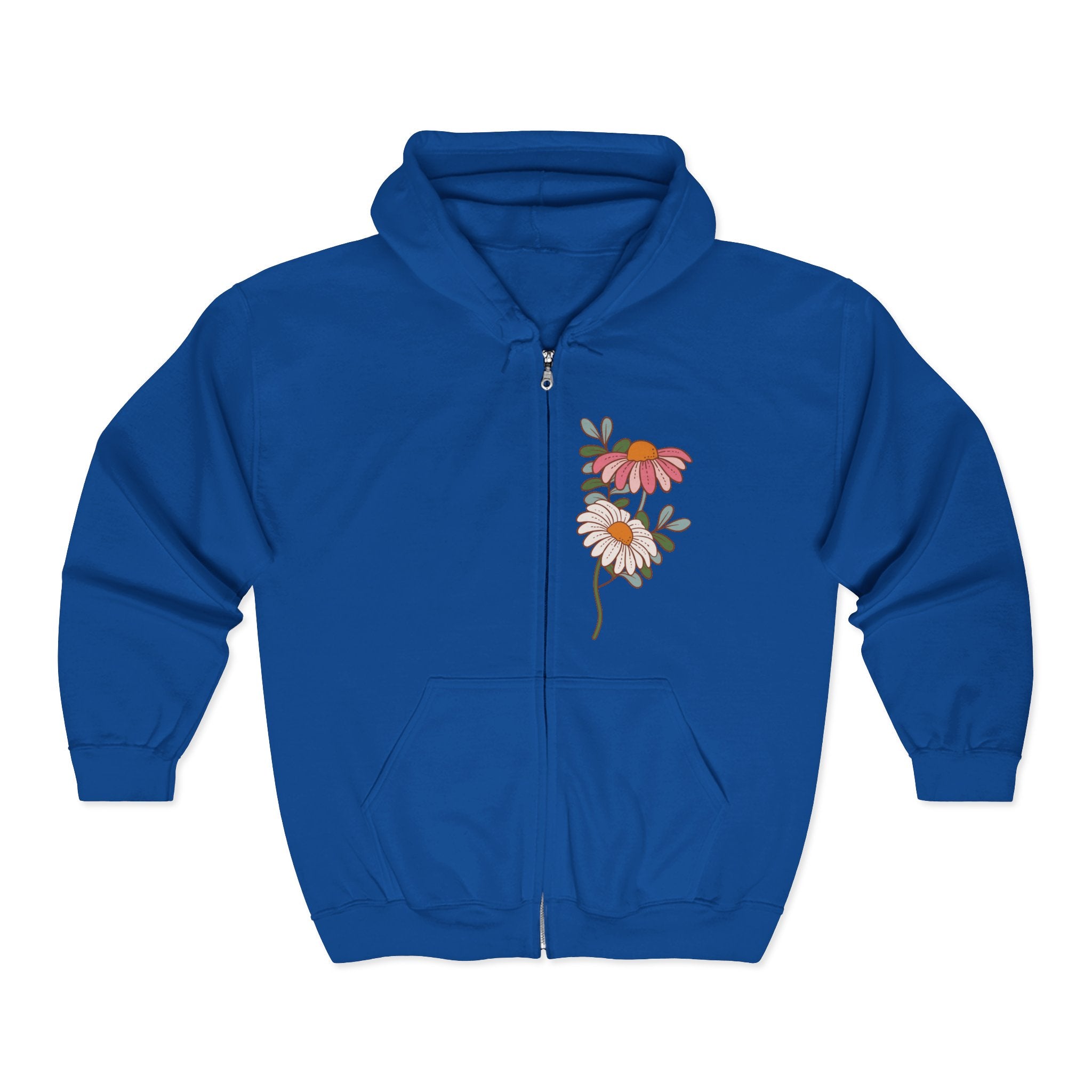 Retro Daisy Floral Print Zip Hoodie | Vintage Flower Pocket & Back Design
