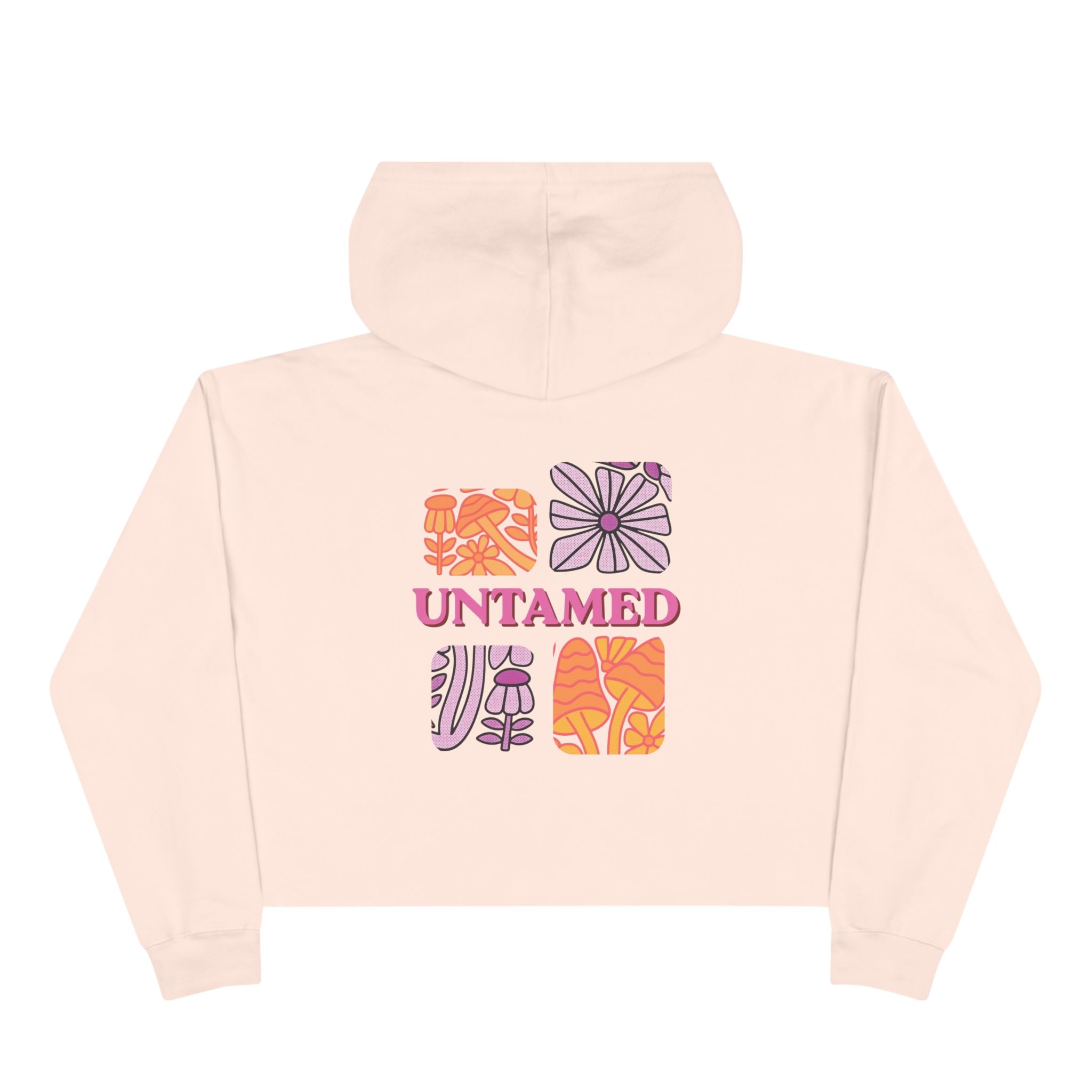 Untamed Floral Graphic Crop Hoodie | Retro Flower Squares, Pink Orange