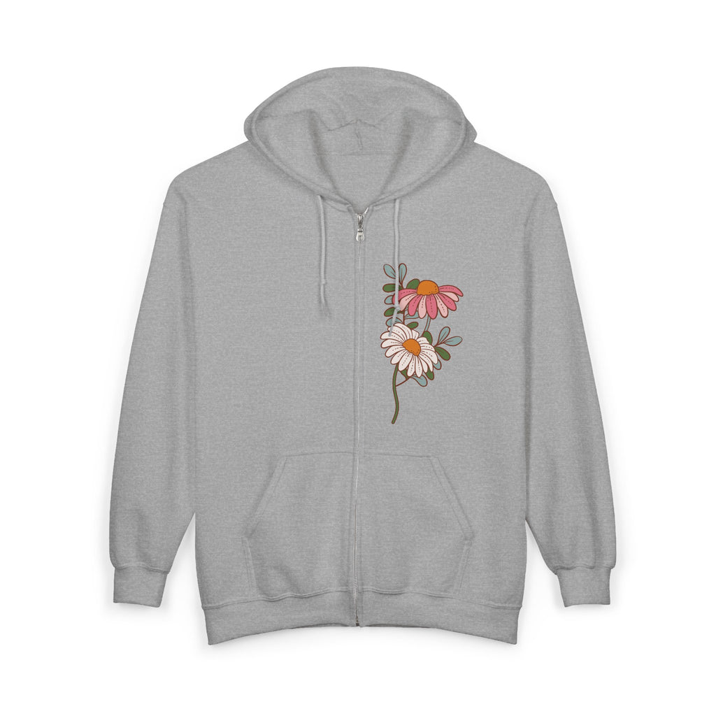 Retro Daisy Floral Print Zip Hoodie | Vintage Flower Pocket & Back Design