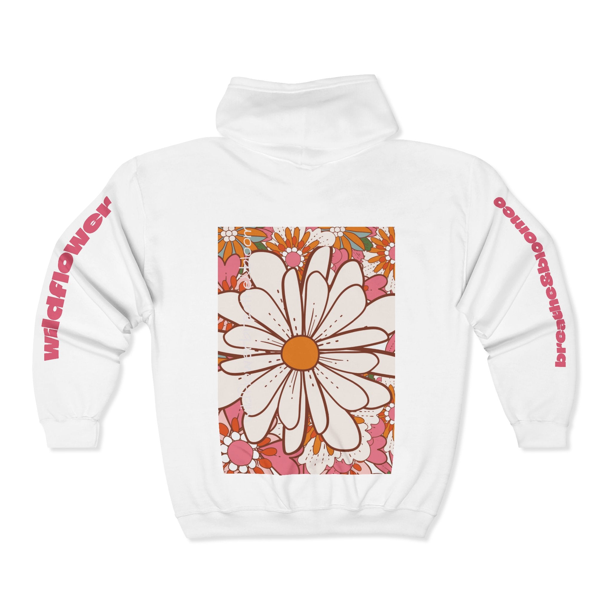 Retro Daisy Floral Print Zip Hoodie | Vintage Flower Pocket & Back Design