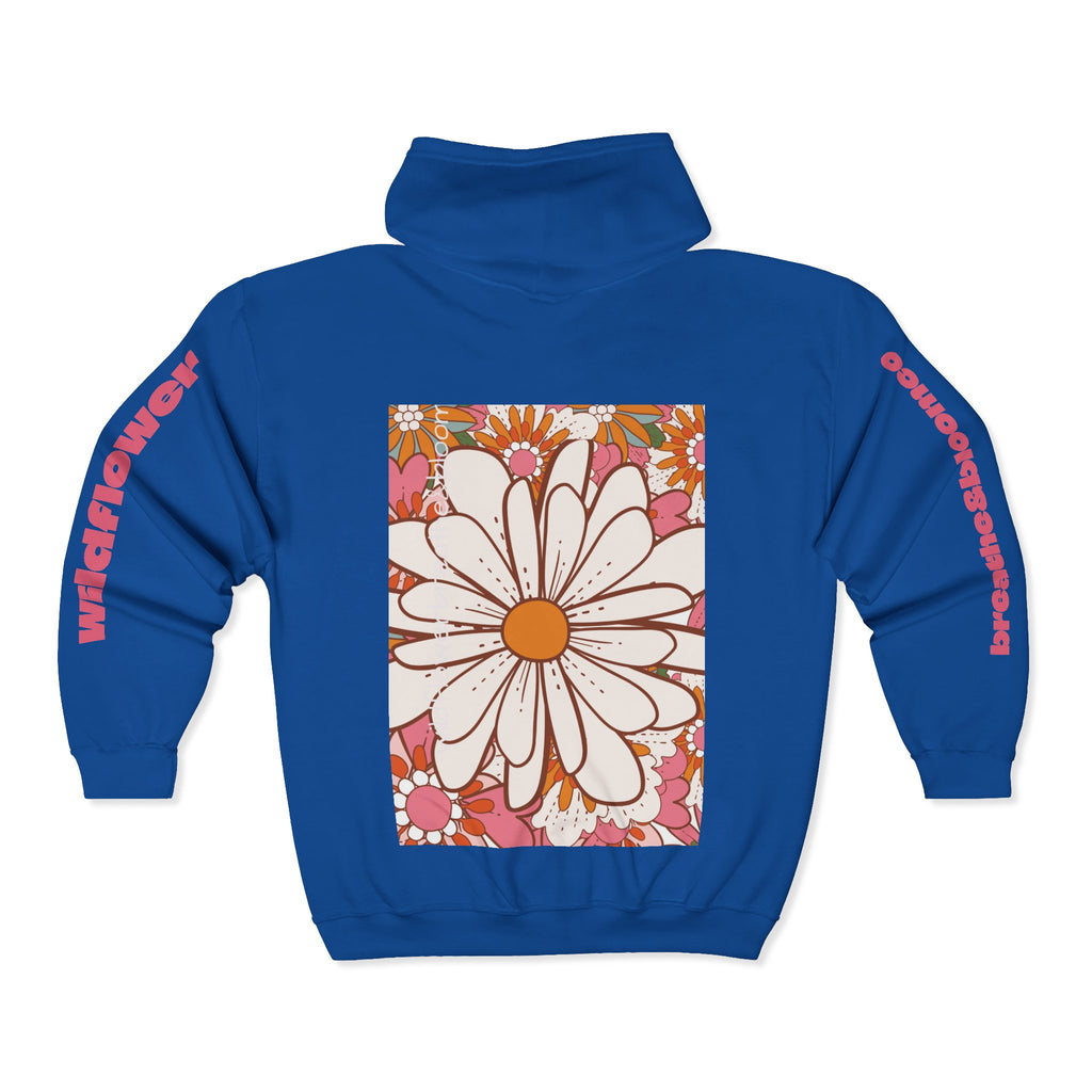 Retro Daisy Floral Print Zip Hoodie | Vintage Flower Pocket & Back Design